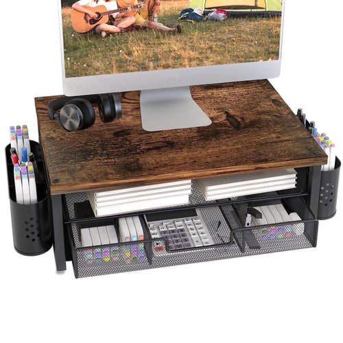 3-Tier Wooden Monitor Stand Riser with Drawer and Pen Holders, Desk Organizer and Accessories for Laptop, Office, Dorm Desktop Setup, Classroom Desk Accessories & Workspace Organizers
