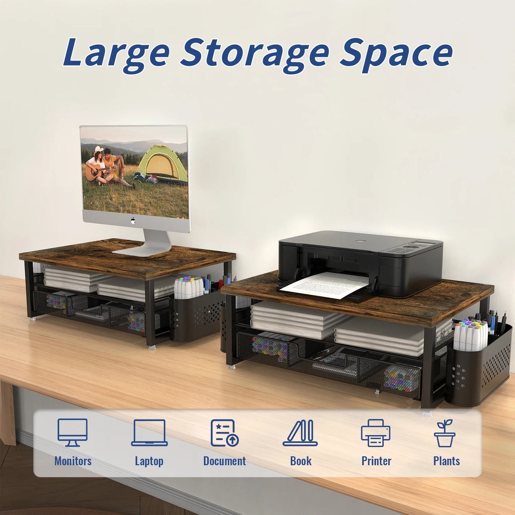 3-Tier Wooden Monitor Stand Riser with Drawer and Pen Holders, Desk Organizer and Accessories for Laptop, Office, Dorm Desktop Setup, Classroom Desk Accessories & Workspace Organizers