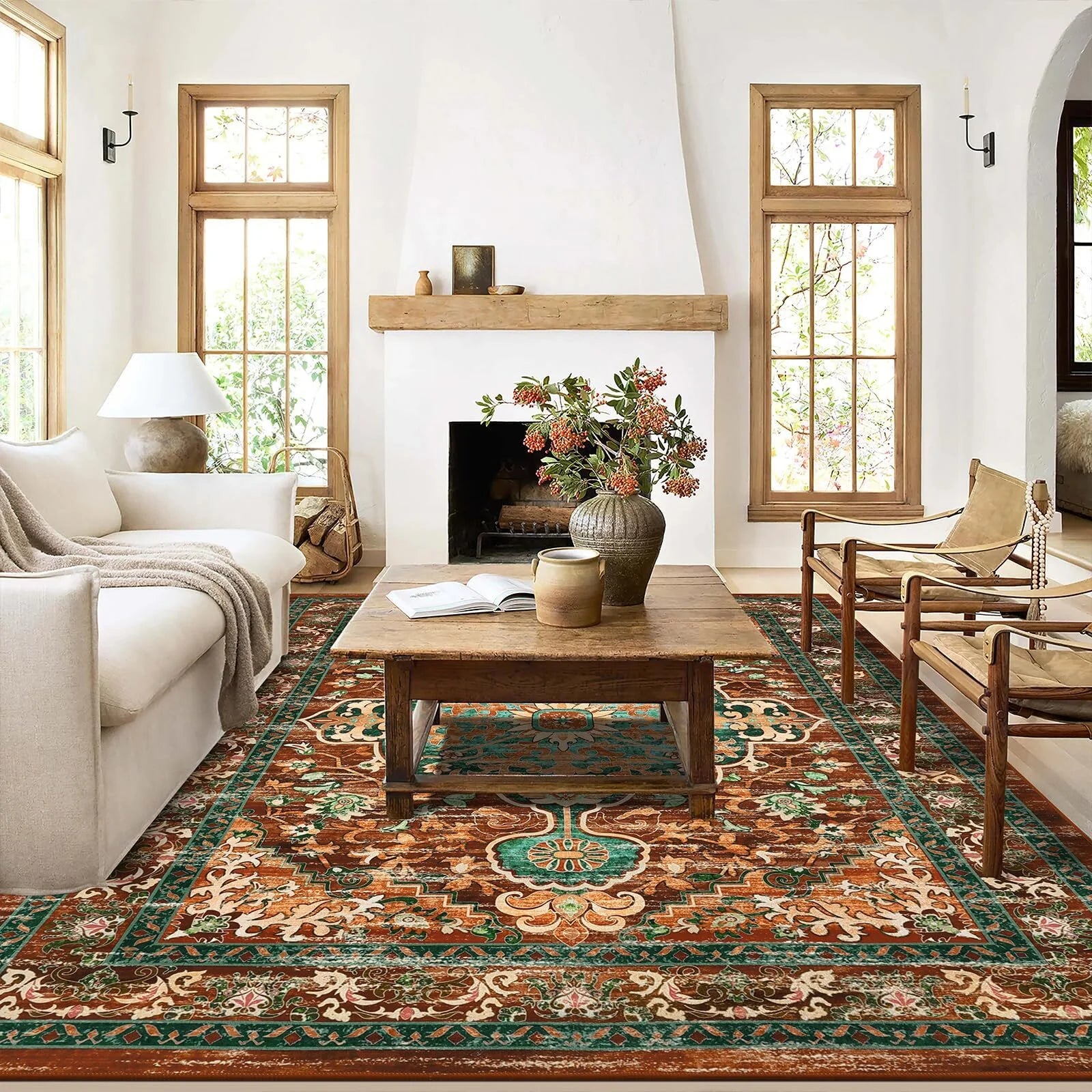 5'X7' Vintage Boho Area Rug, Machine Washable Rugs Non Slip Distressed Indoor Rug,Large Retro Area Rug Floor Carpet for Bedroom Dining Room Entryway Office Decor,Rust