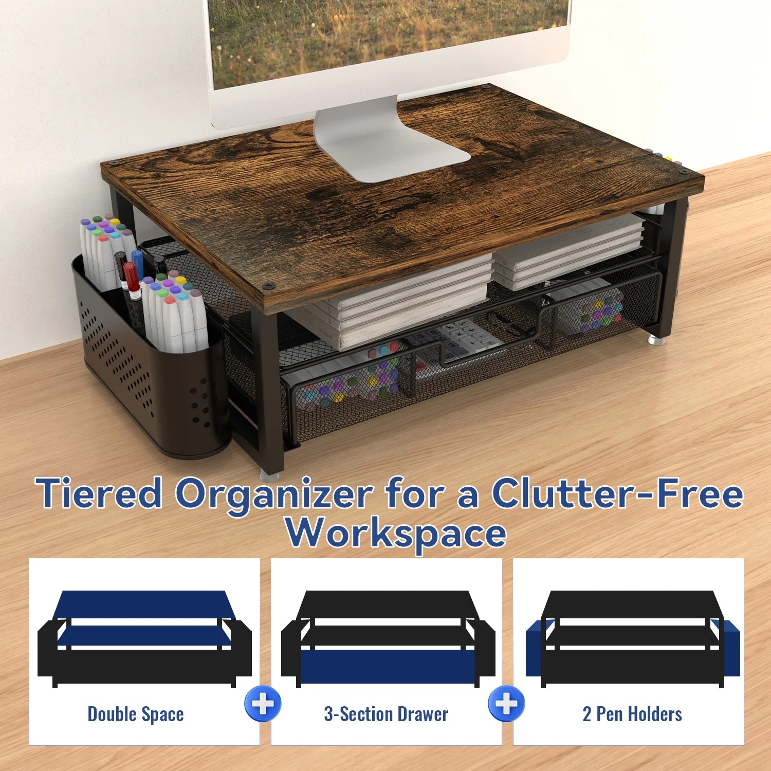 3-Tier Wooden Monitor Stand Riser with Drawer and Pen Holders, Desk Organizer and Accessories for Laptop, Office, Dorm Desktop Setup, Classroom Desk Accessories & Workspace Organizers
