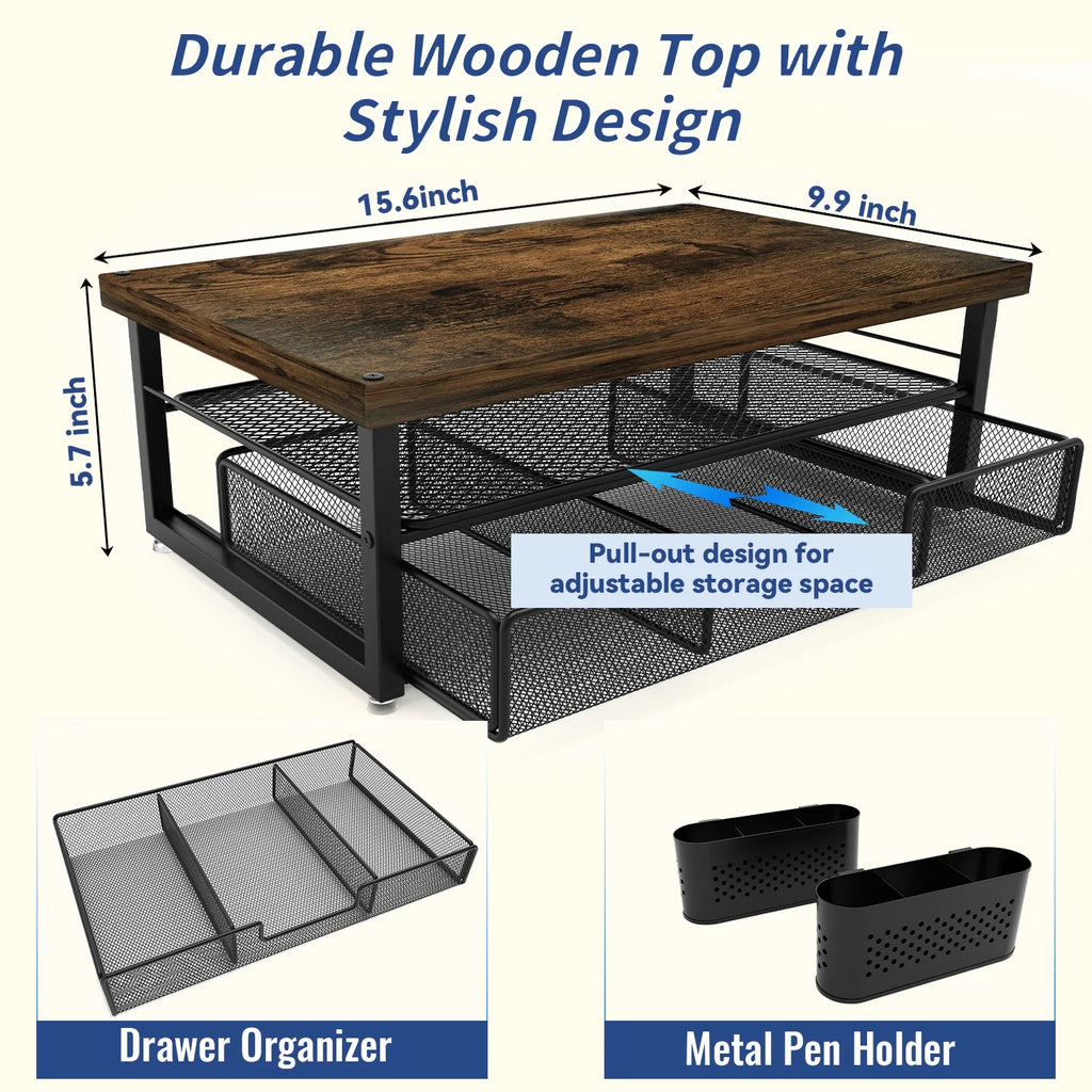 3-Tier Wooden Monitor Stand Riser with Drawer and Pen Holders, Desk Organizer and Accessories for Laptop, Office, Dorm Desktop Setup, Classroom Desk Accessories & Workspace Organizers