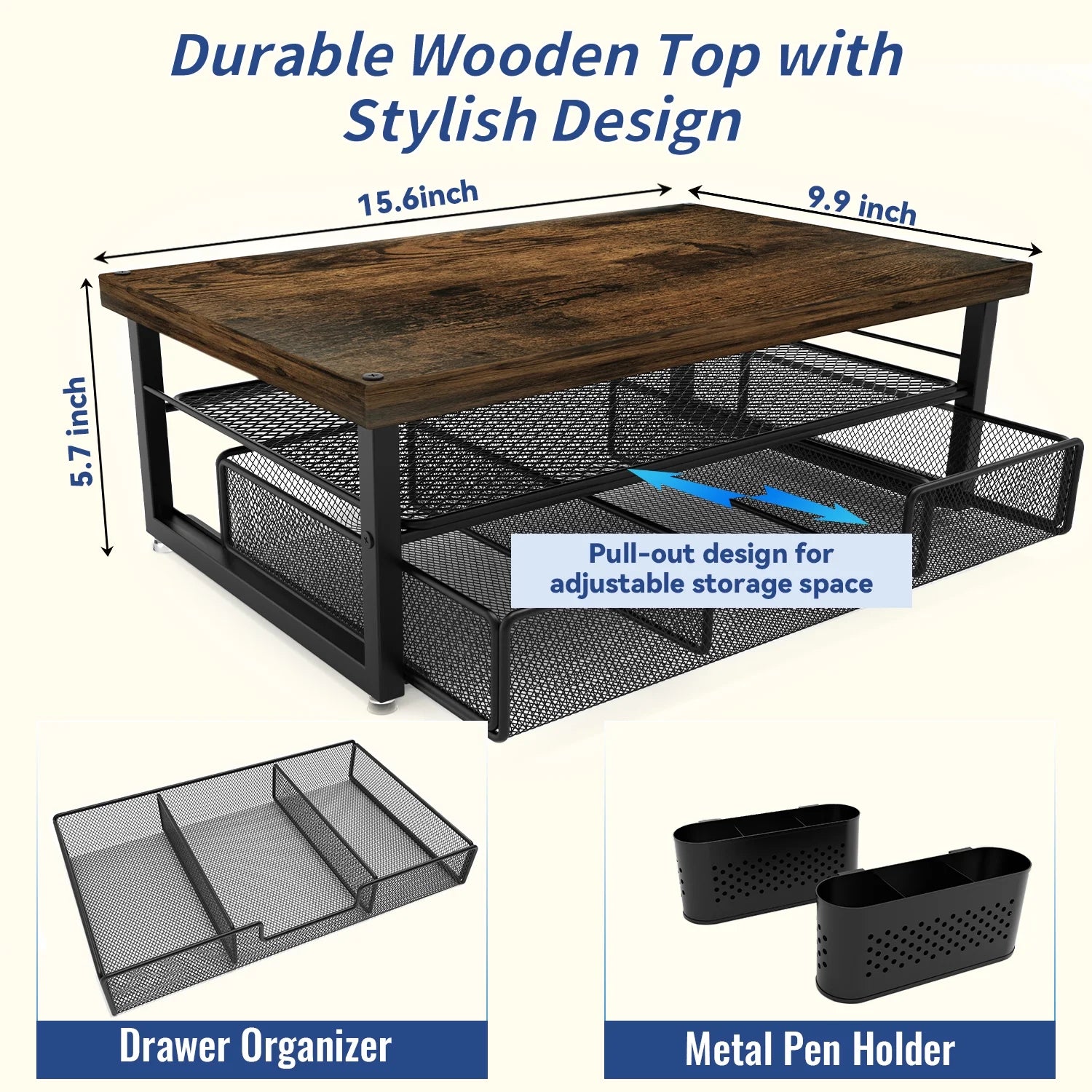 3-Tier Wooden Monitor Stand Riser with Drawer and Pen Holders, Desk Organizer and Accessories for Laptop, Office, Dorm Desktop Setup, Classroom Desk Accessories & Workspace Organizers