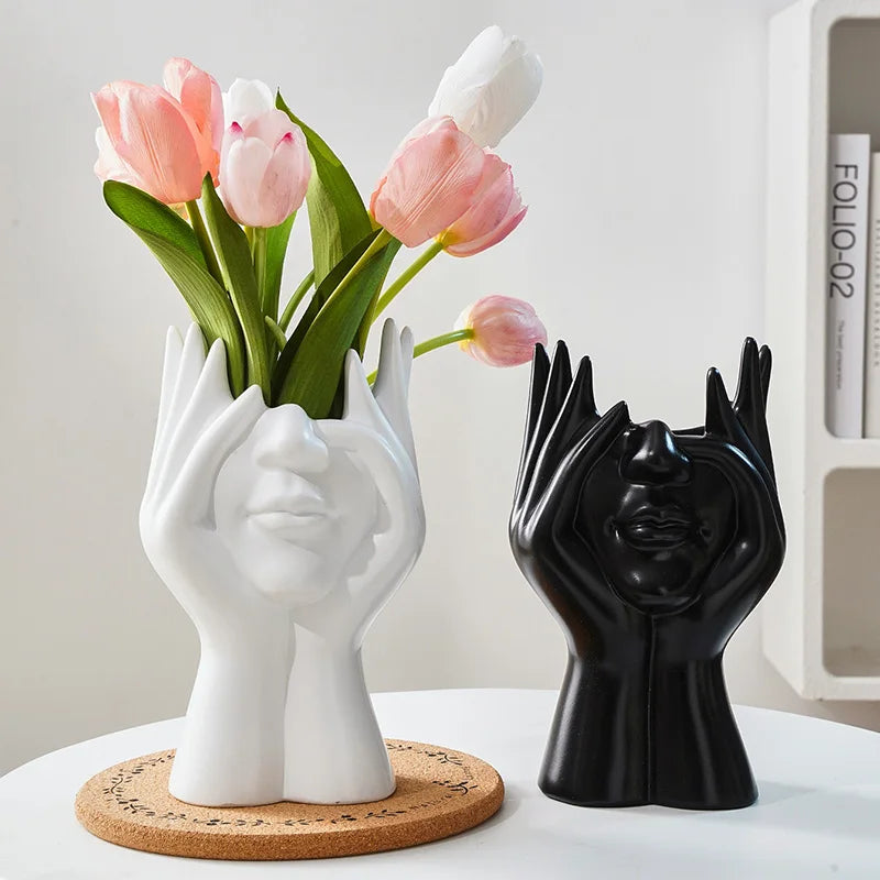 White Vinyl Face Vase Boho Minimalism Decorative Modern Nordic Flower Vases for Home Living Room Office Book Shelf Decor