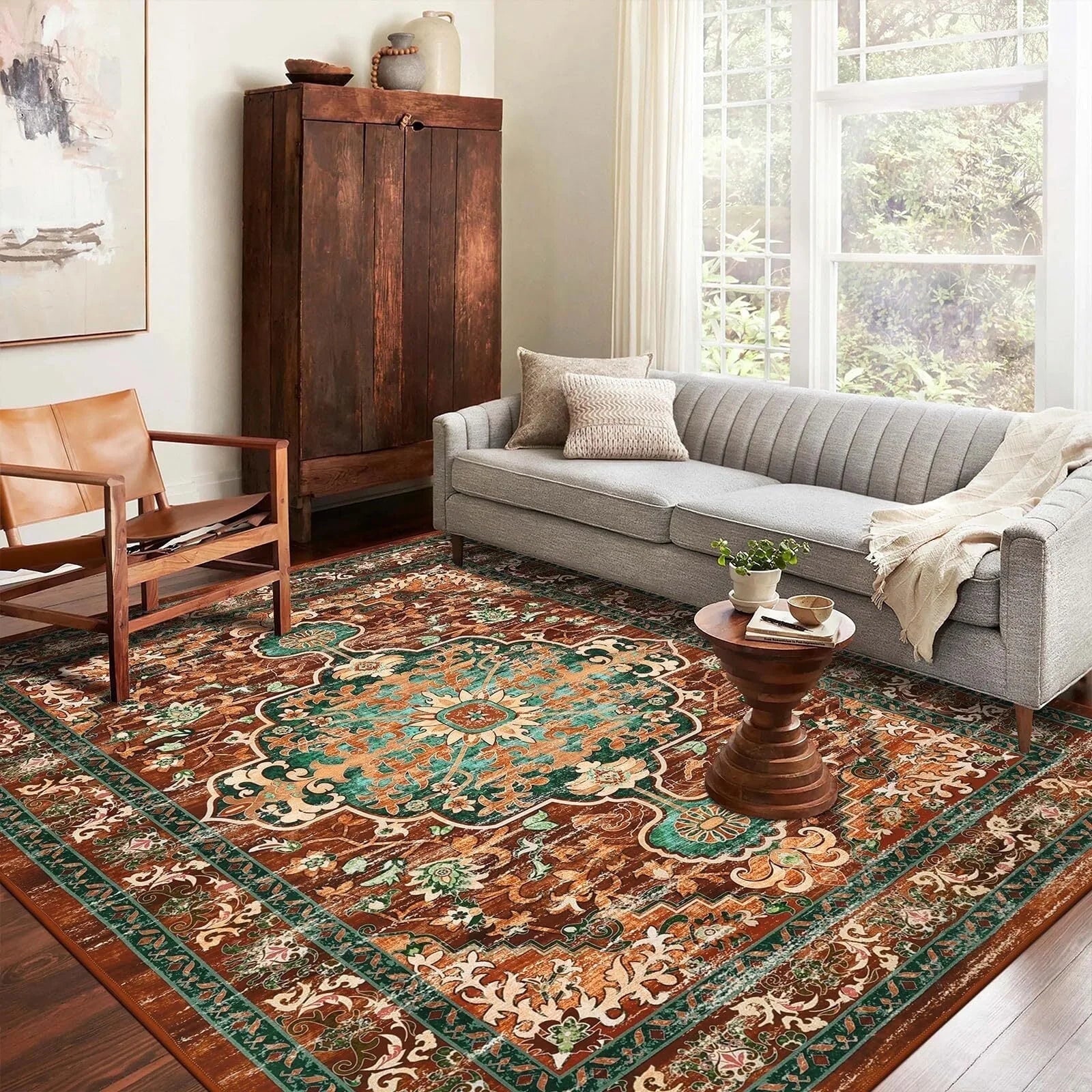 5'X7' Vintage Boho Area Rug, Machine Washable Rugs Non Slip Distressed Indoor Rug,Large Retro Area Rug Floor Carpet for Bedroom Dining Room Entryway Office Decor,Rust