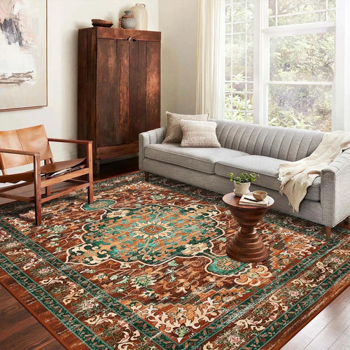 5'X7' Vintage Boho Area Rug, Machine Washable Rugs Non Slip Distressed Indoor Rug,Large Retro Area Rug Floor Carpet for Bedroom Dining Room Entryway Office Decor,Rust