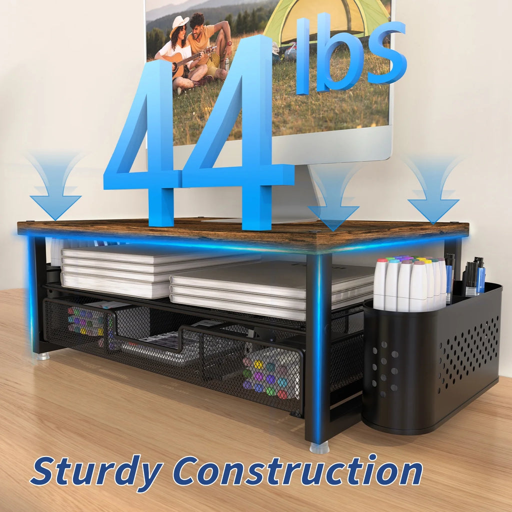 3-Tier Wooden Monitor Stand Riser with Drawer and Pen Holders, Desk Organizer and Accessories for Laptop, Office, Dorm Desktop Setup, Classroom Desk Accessories & Workspace Organizers