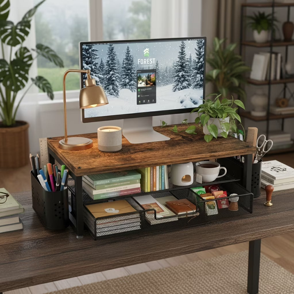 3-Tier Wooden Monitor Stand Riser with Drawer and Pen Holders, Desk Organizer and Accessories for Laptop, Office, Dorm Desktop Setup, Classroom Desk Accessories & Workspace Organizers