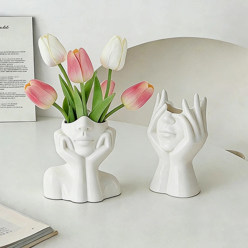 White Vinyl Face Vase Boho Minimalism Decorative Modern Nordic Flower Vases for Home Living Room Office Book Shelf Decor