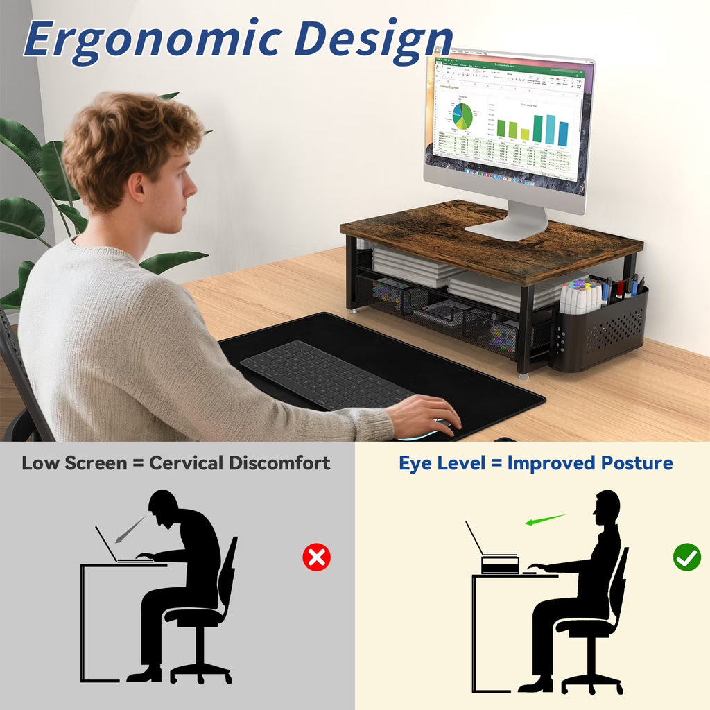 3-Tier Wooden Monitor Stand Riser with Drawer and Pen Holders, Desk Organizer and Accessories for Laptop, Office, Dorm Desktop Setup, Classroom Desk Accessories & Workspace Organizers